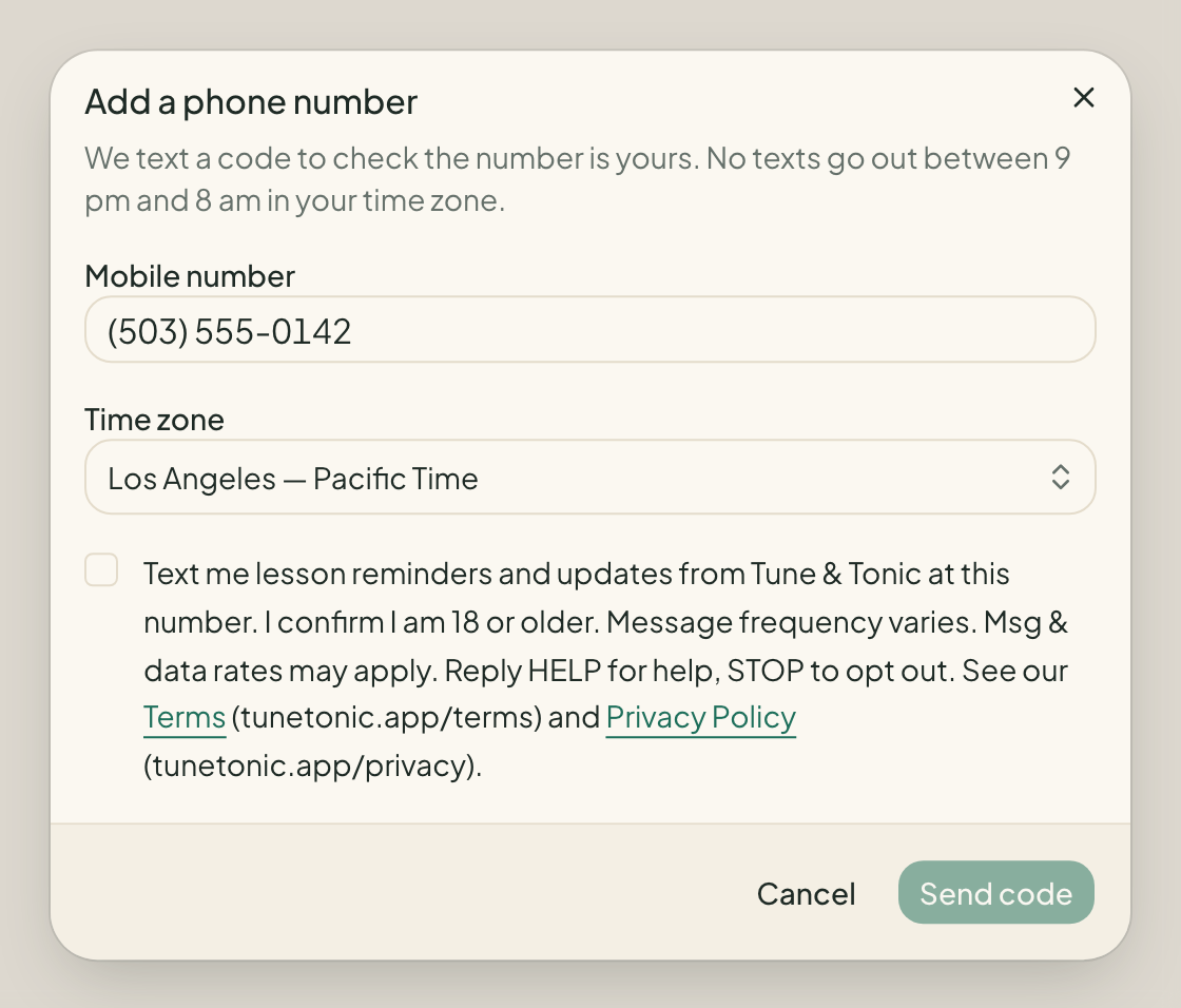The Add a phone number dialog: a mobile number field, a time zone field, an unticked box with the consent text above, and Cancel and Send code buttons.